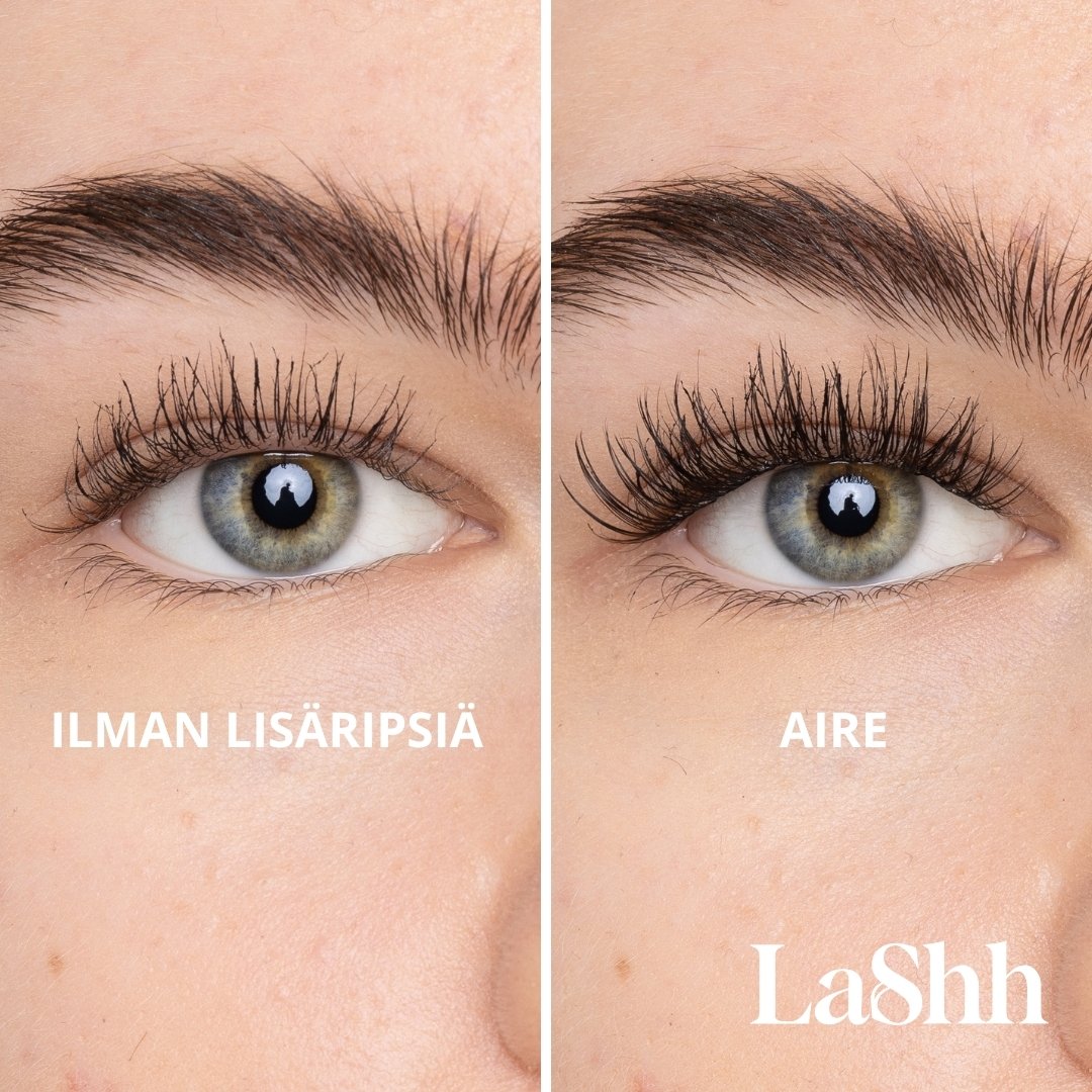 Vertailu silmästä ilman lisäripsiä ja LaShh AIRE-lisäripsillä